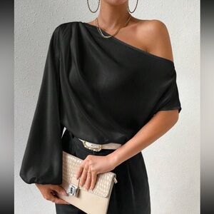 Black off shoulder asymmetrical neck batwing sleeve top